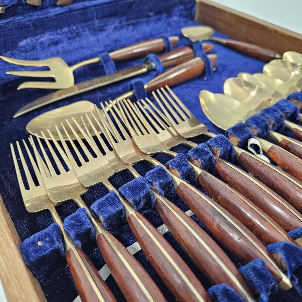 Vintage Mid-Century Tonys Gems Thailand Brass Bronze Flatware 30 Piece Set & Box - Picture 3 of 15